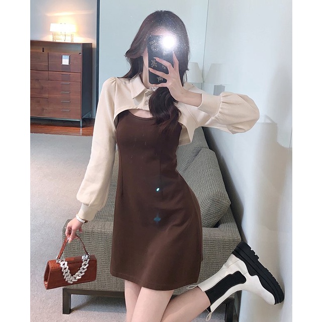 Set váy đầm nữ 2 món cài cúc đen nâu Ylydress freesize dáng A tôn dáng phong cách ulzzang hàn quốc C644 | BigBuy360 - bigbuy360.vn