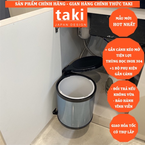 {CHÍNH HÃNG} Thùng Rác Thông Minh Tròn Gắn Cánh TAKI Bọc INOX 304 Tủ Bếp - Bảo Hành 10 Năm (Có Thợ Lắp Đặt)
