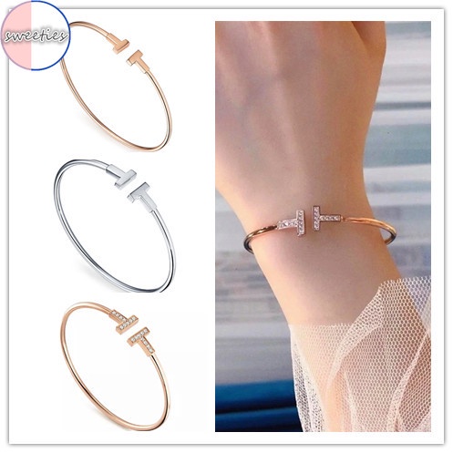Kiềng tay hở hình chữ T đính đá zircon cổ điển dễ phối đồ thời trang cho nữ