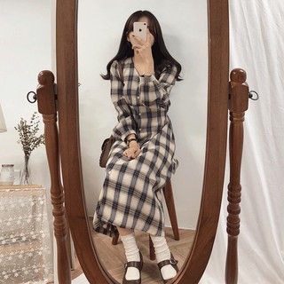 đầm caro tay dài thời trang nữ tính