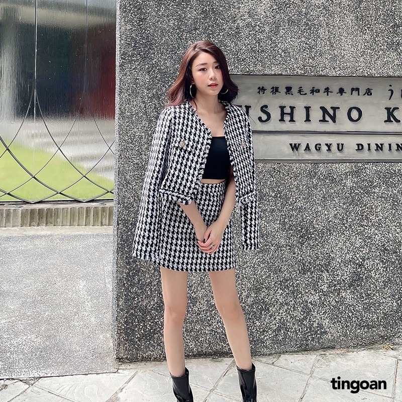 TINGOAN® - Chân váy tweed cạp cao caro tingoan LOVE POEM SKIRT/CR V2 vải mới nhất 2023 ánh ngà vintage