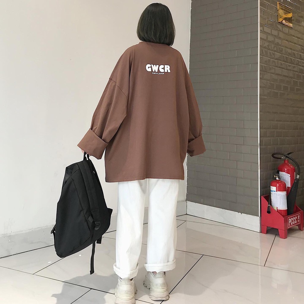 Áo Thun Nữ Dài Tay Form Rộng Basic Áo Phông Nữ Cổ Tròn Xẻ Tà GWCR Chất Liệu Cotton 4 Màu Be Nâu Xanh Than Nâu Đất 1803