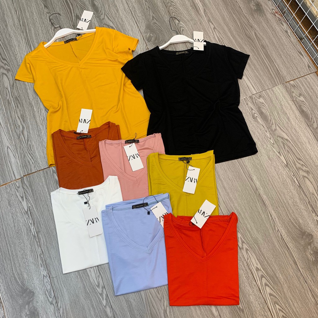 Áo Thun Cổ Tim Tay Ngắn Hàng Đẹp 100% Cotton Co Giãn 4 Chiều Thấm Mồ Hôi Nhiều Màu