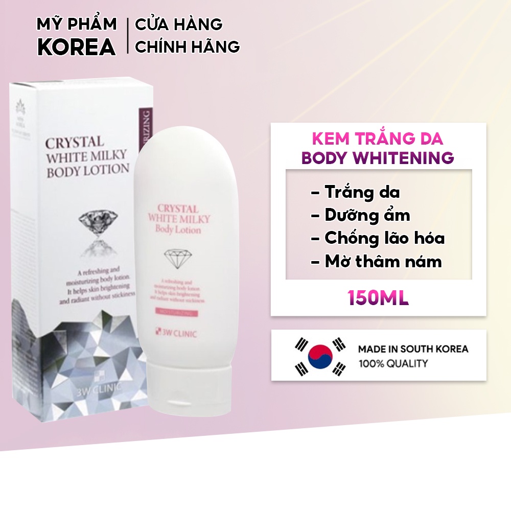 Kem body dưỡng trắng da Crystal White Milk Lotion 3W Clinic Hàn Quốc 150ml giúp da trắng sáng mịn màng