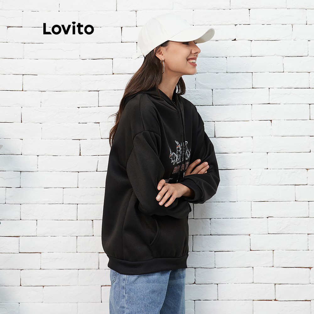 Áo sweatshirt Lovito phối dây rút in chữ đơn giản L07185 (màu đen) | BigBuy360 - bigbuy360.vn