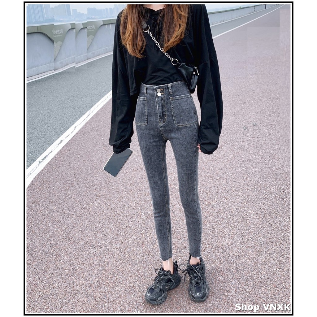 Quần Jean Nữ Lưng Cao Túi Trước 2 cúc + 2 Túi bầu ( ĐEN - XANH - XÁM ) chất jean giãn tốt loại 1 P22L-391