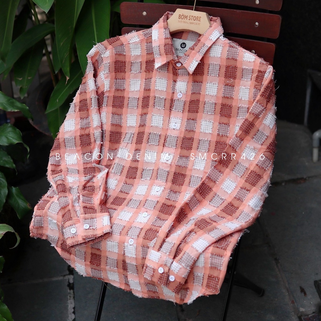 Áo Sơ Mi Nam Mẫu Caro Tua Rua Cam San Hô BEACON DENIM Form Rộng SMCCR426