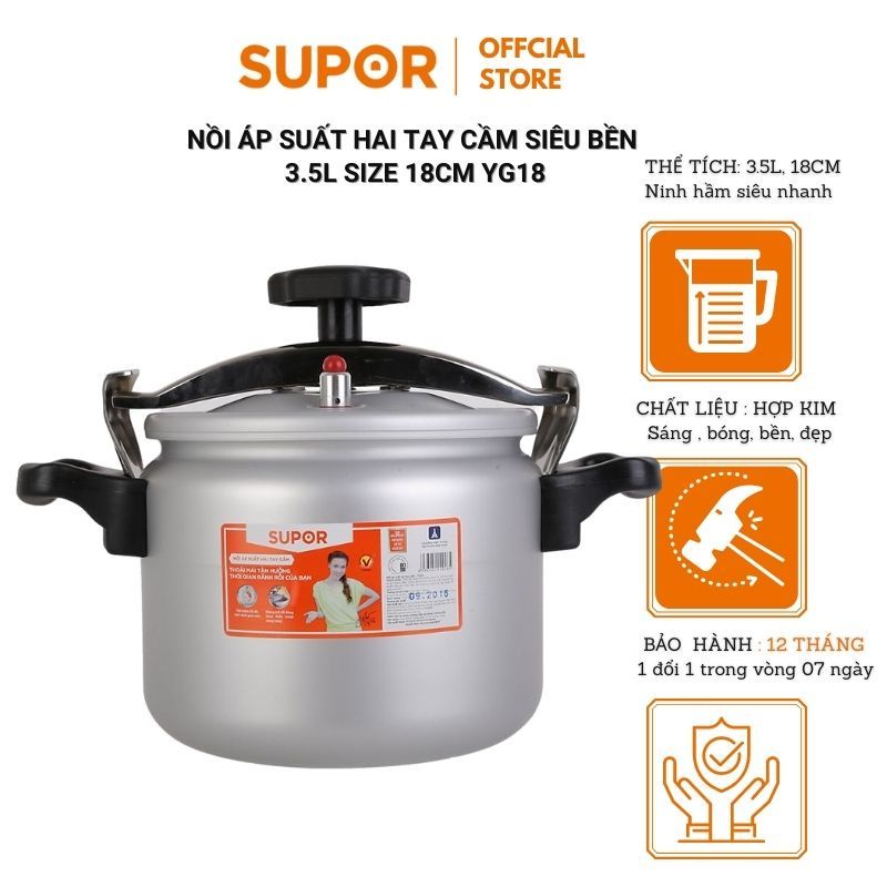 Nồi áp suất hợp kim nhôm 2 tay cầm Supor YG22 hàng chính hãng bảo hành 12 tháng- dùng cho bếp gas và điện