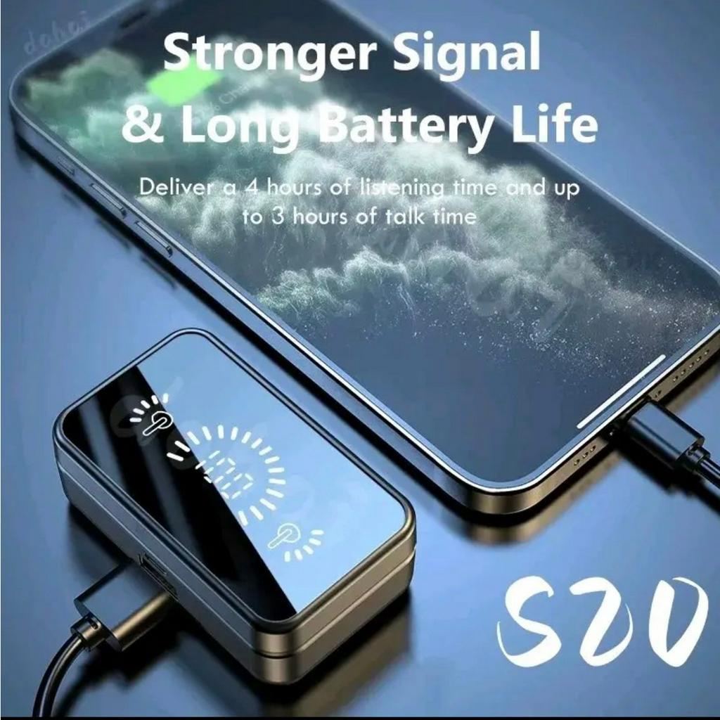 Tai nghe nhét tai mini S20 Bluetooth 5.2 không dây thể thao phối mặt gương với 3D Touch LED chống thấm nước