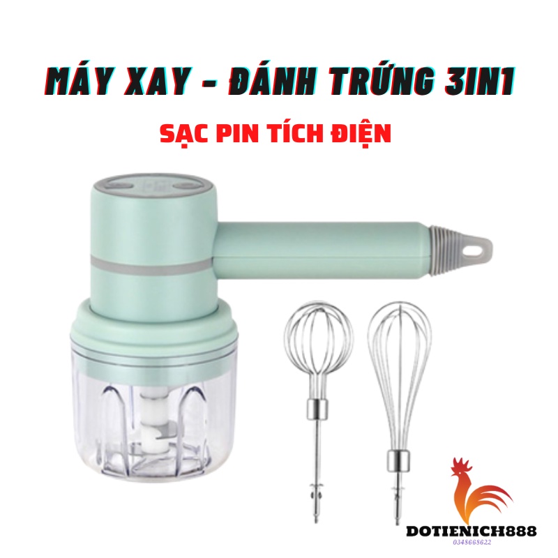 Máy đánh trứng cầm tay 3in1, máy xay thịt tỏi ớt đánh kem làm bánh không dây sạc pin tích điện