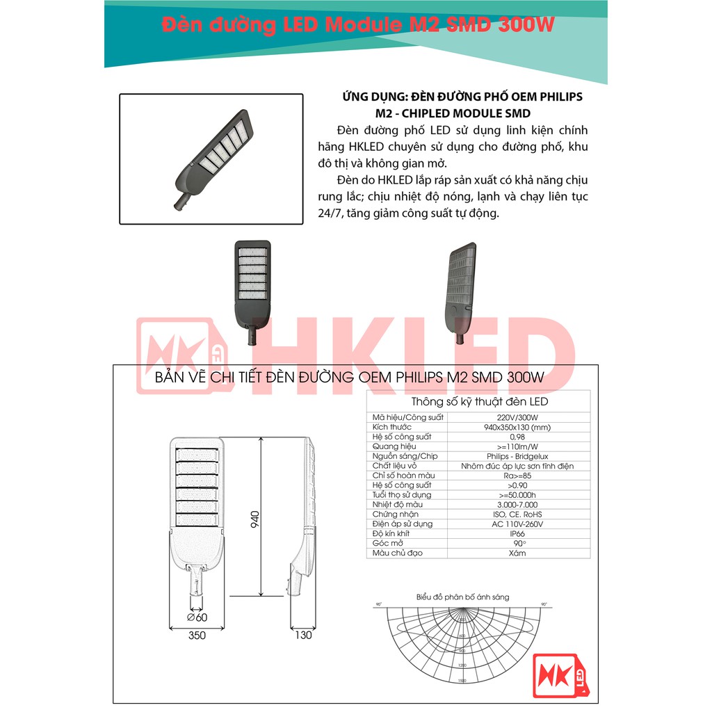 Đèn đường LED - Đèn LED đường phố 300W mẫu M2 HKLED