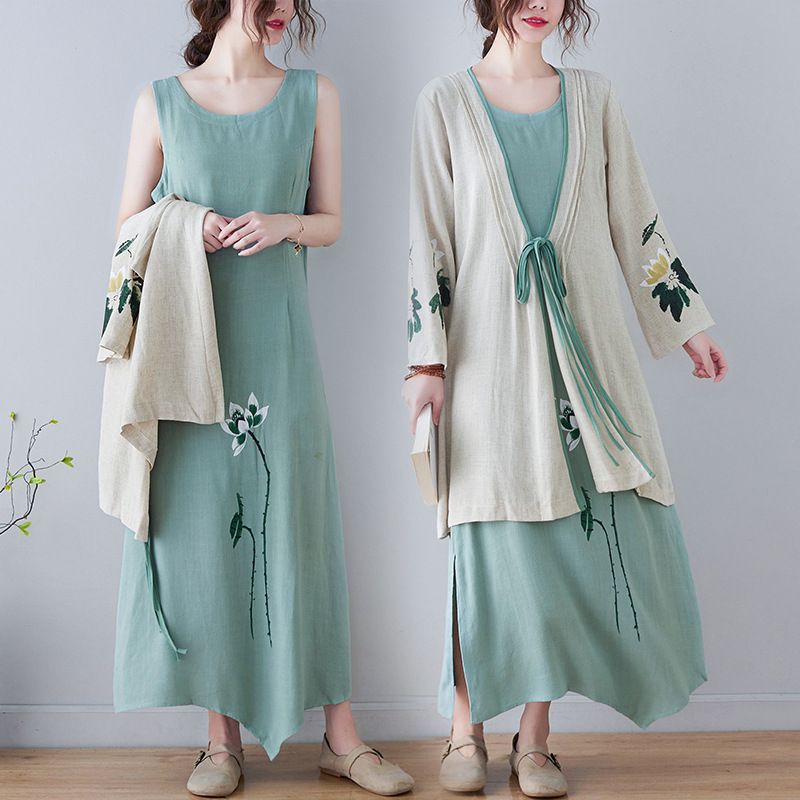 Set Áo Cardigan Cotton Cổ Tròn + Đầm Sườn Xám Không Tay Xinh Xắn Thời Trang