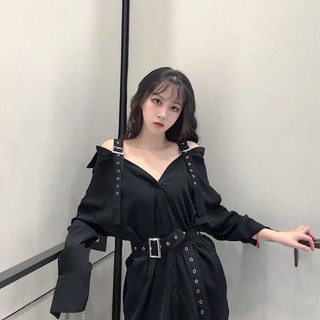 (Có sẵn) Váy sơ mi trễ vai có kèm thắt lưng / Áo sơ mi / đầm trễ vai thắt đai vuông