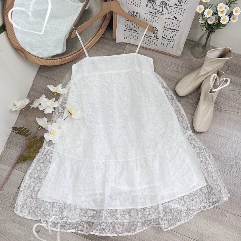 Đầm 2 dây Baby doll đuôi cá ren hoa thêu 2 lớp xinh xắn [kèm hình thật]