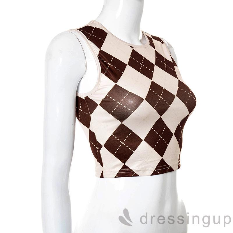 Áo croptop sát nách cổ tròn dáng ôm in họa tiết thời trang cho nữ