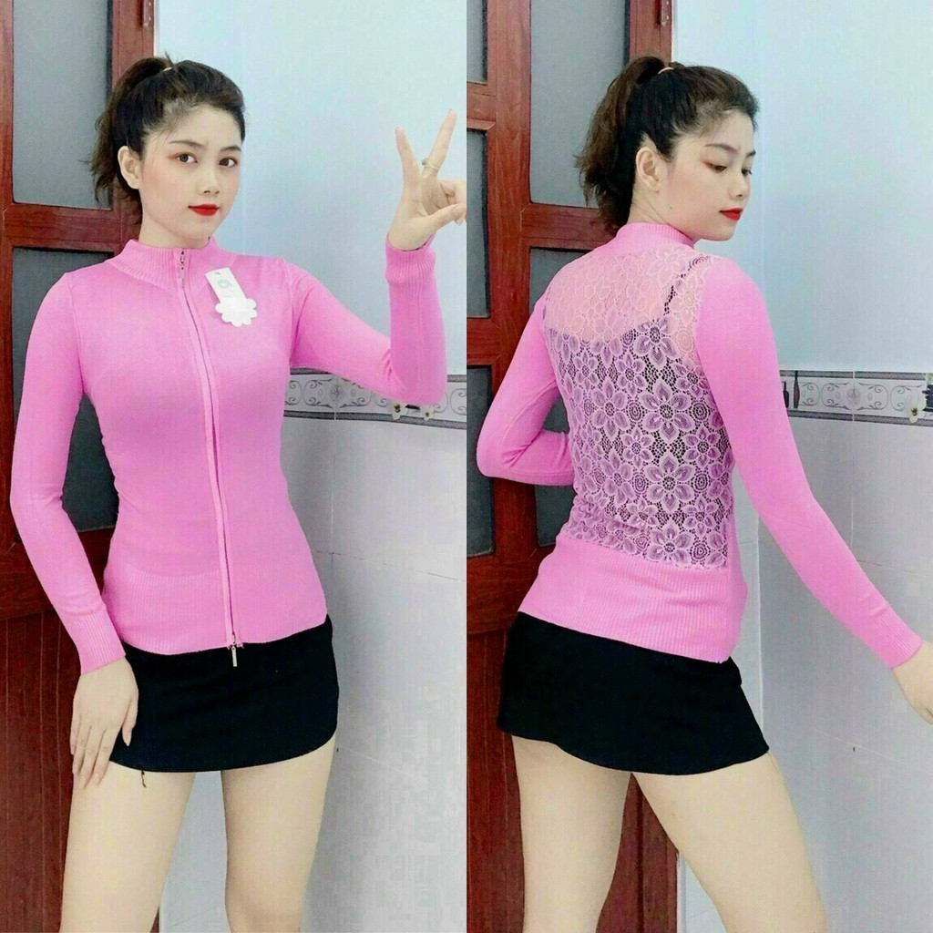 Áo khoác len nữ dây kéo 2 đầu cổ cao phối ren lưng