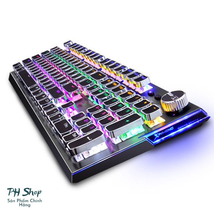 Bàn phím cơ Blue switch XinMeng K901, Bàn phím gaming chính hãng led RGB Phím tròn mạ bạc cá tính có núm xoay đa năng