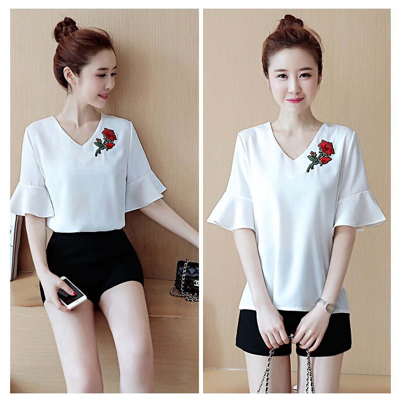 ÁO CỔ V GẮN HOA THÊU-AO21