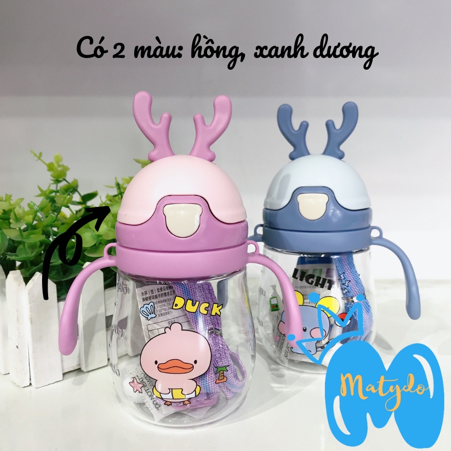 Bình nước cho bé hươu 370ml có quai đeo nắp bật ống hút mềm mại cao cấp chống sặc an toàn cho trẻ BN61