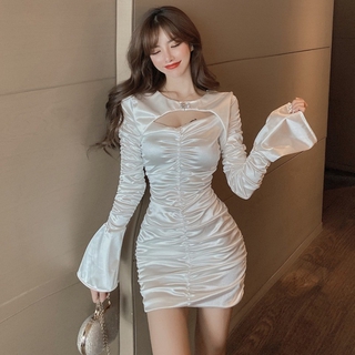 (ẢNH THẬT) VÁY ĐẦM BODY NGẮN LỤA BÓNG THIẾT KẾ RÚM TAY XÒE KHOÉT NGỰC HỞ LƯNG