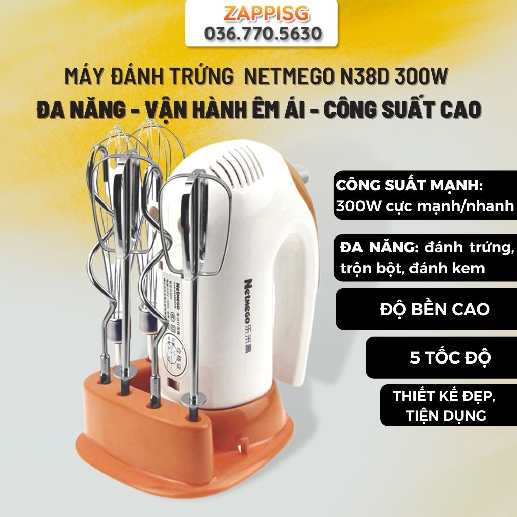 Máy đánh trứng cầm tay Netmego N38D 300W, máy đánh trứng công suất lớn,bảo hành 1 đổi 1 toàn quốc