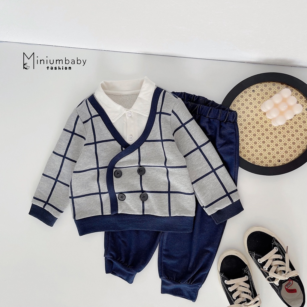 Set gile phối cổ đức chất liệu cotton da cá cho bé trai/gái Minium, Bộ thu đông dài tay trẻ em-SB1137