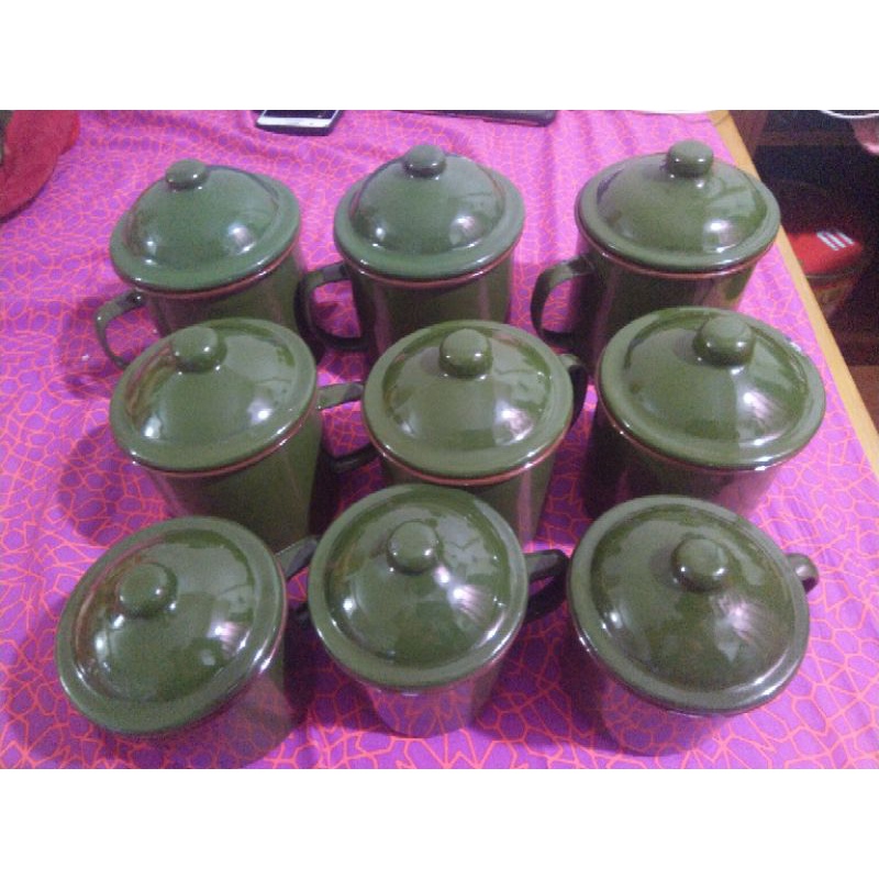 Trà store - Cốc sắt tráng men có kèm nắp 7cm, 8cm, 9cm, 10cm