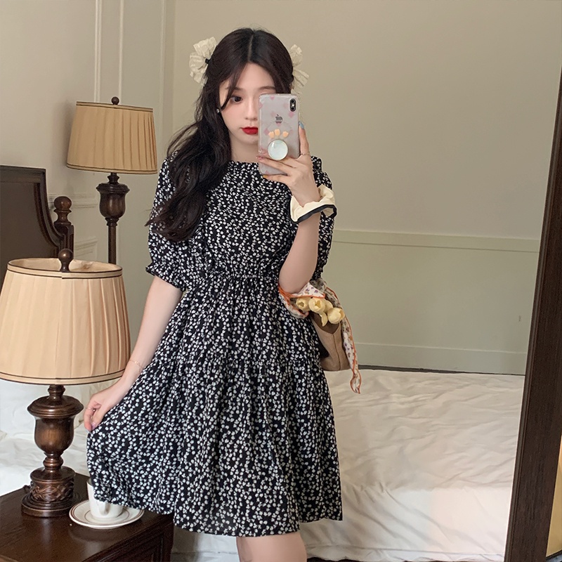 Đầm SUXI chữ A lưng cao họa tiết hoa phong cách vintage cho nữ