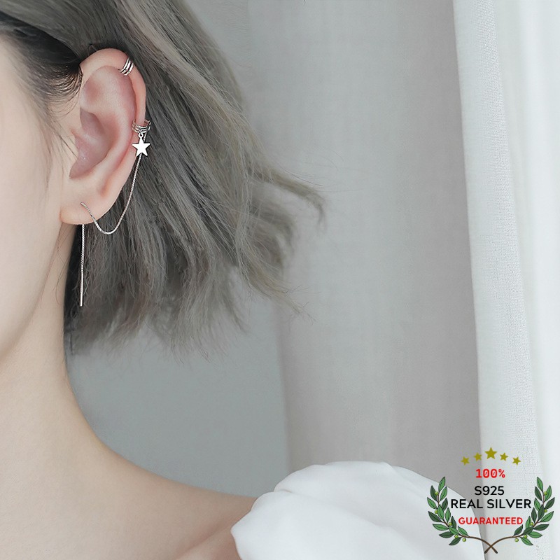 Bông Tai Bạc S925 Bộ đôi Ear Cuff Kẹp Vành chữ C và Triple Circle & Star sợi thả Sợi Thả Trẻ Trung Cá Tính | Khuyên Tai