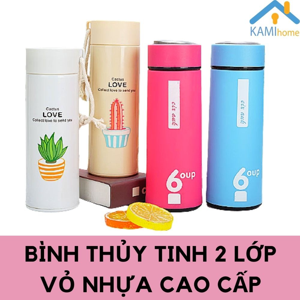 Bình nước thủy tinh Vỏ nhựa cách nhiệt 🎁Bán kèm Túi🎁 đựng nước 350ml mã 22031