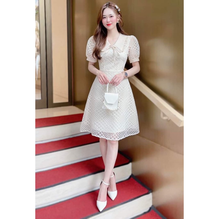Váy ren quả trám cổ Hàn TOPFASHION màu kem,Đầm nữ thiết kế trẻ trung hiện đại phù hợp dự tiệc, dạo phố sang trọng