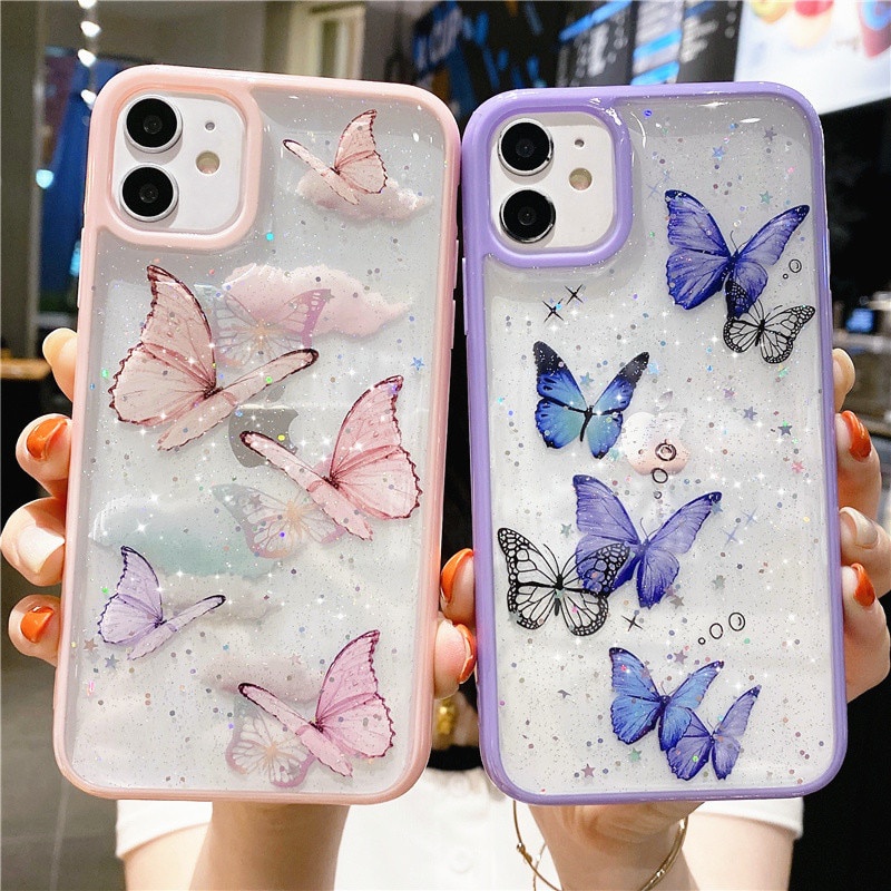 Ốp điện thoại trong suốt mềm chống sốc hình bướm thích hợp cho iPhone 12 13 11 Pro Max XS Max XR X 6 6s 7 8 SE 2020