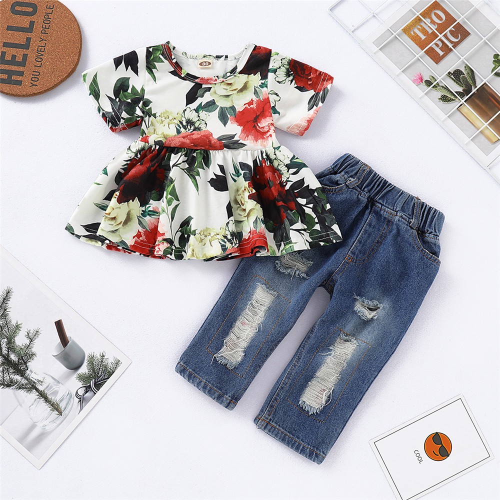Set đồ Mikrdoo áo tay ngắn/dài in hoa với quần chất denim đáng yêu cho bé gái (tự chọn)