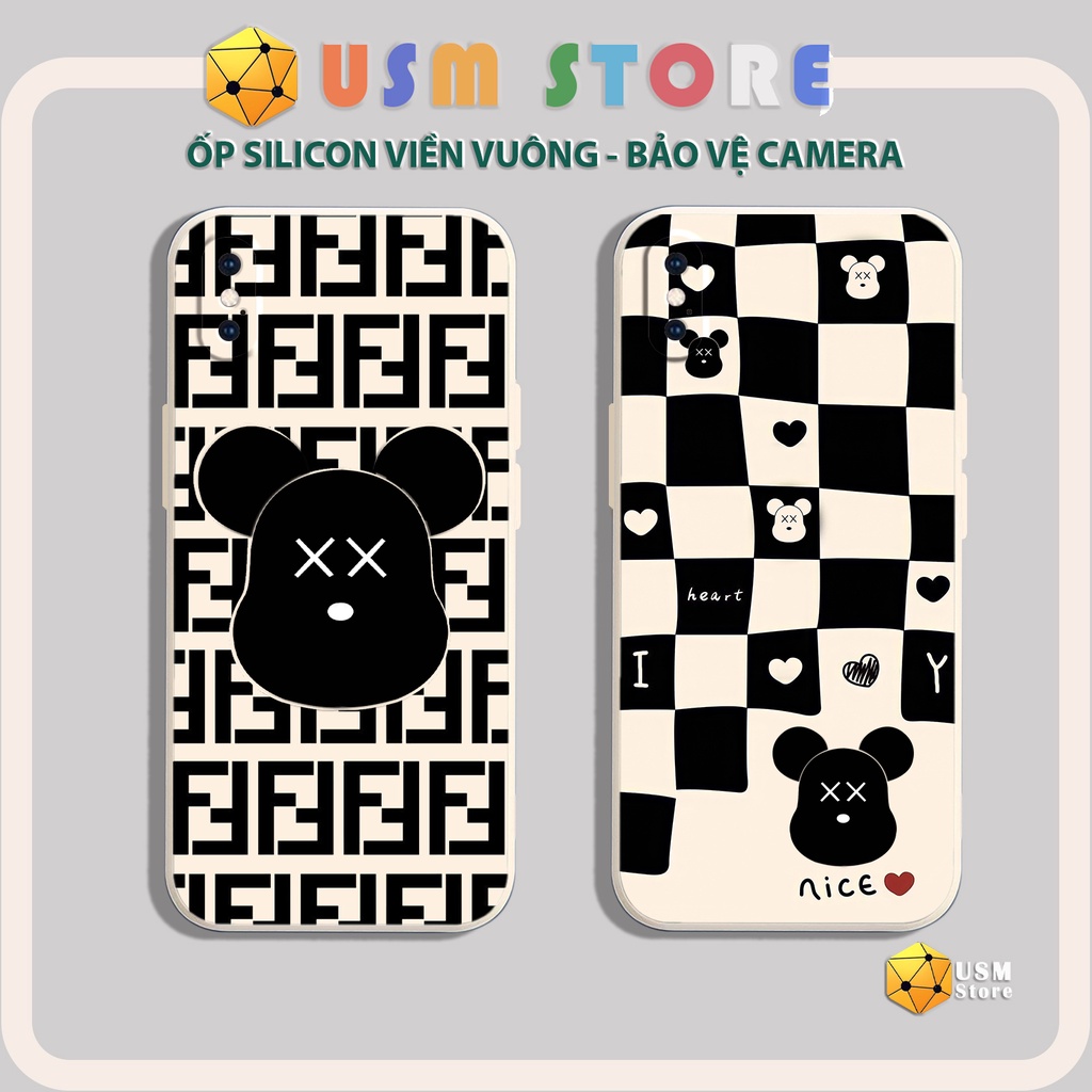 Ốp điện thoại iphone 6/6s/6 plus/7/7 plus/8/8plus/X/XS/XSmax/XR viền vuông bảo vệ camera, in hình kẻ caro gấu Bearbrick