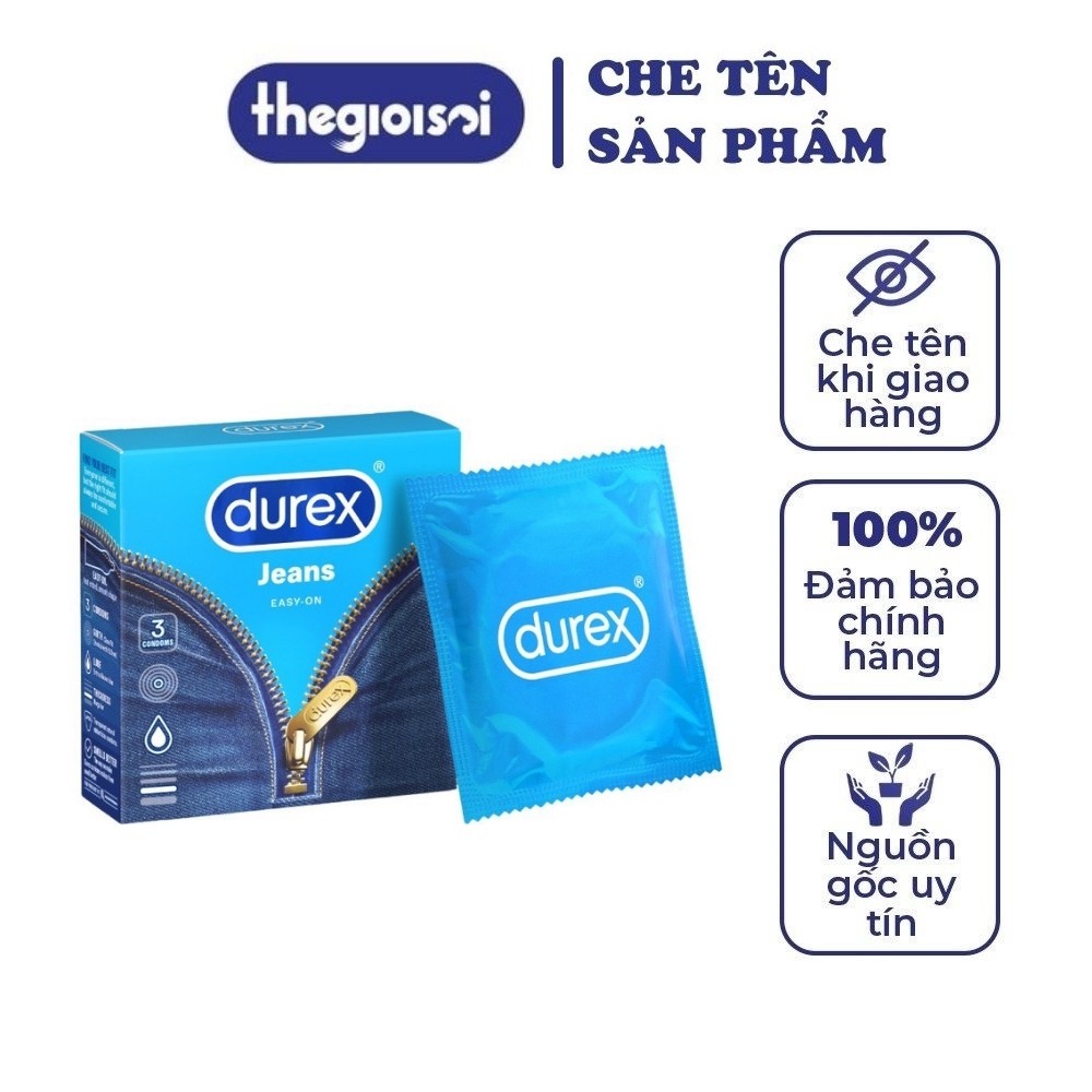 Bao cao su Durex Jeans 1 hộp 3 bcs siêu mỏng không mùi nhiều gel bôi trơn có che tên sản phẩm khi giao - thegioisoi