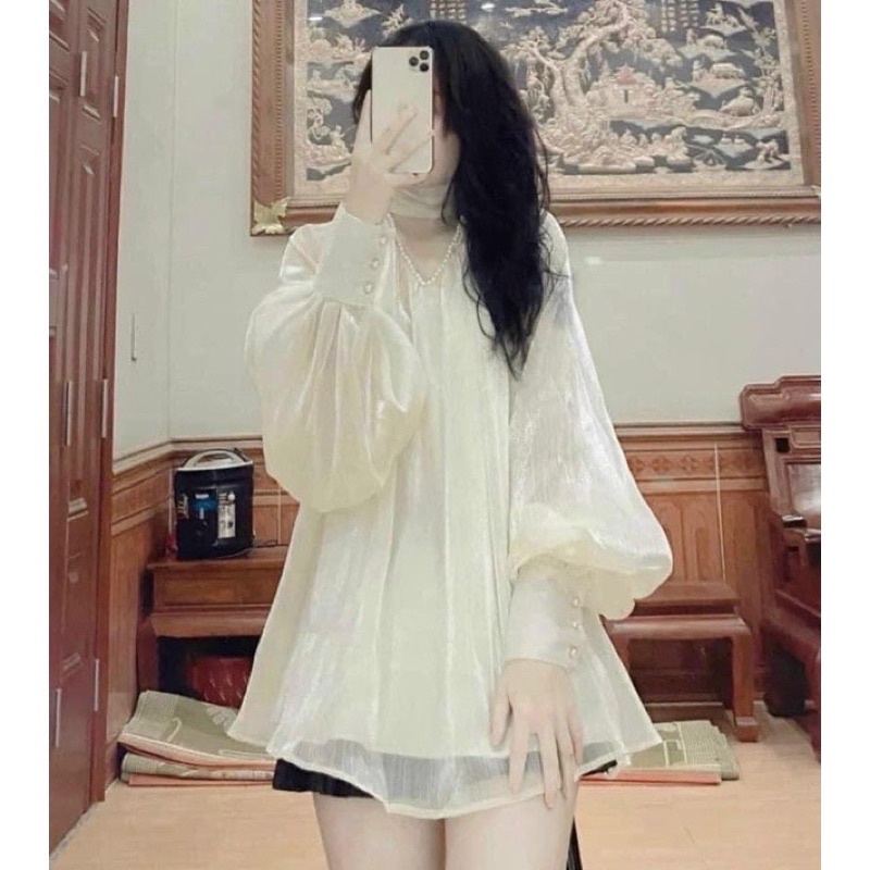Áo Tơ Babydoll Cổ Ngọc Thắt Nơ Sau Siêu Xinh A60, Áo Kiểu Bánh Bèo Tơ Ánh 2 Lớp Mềm Mịn