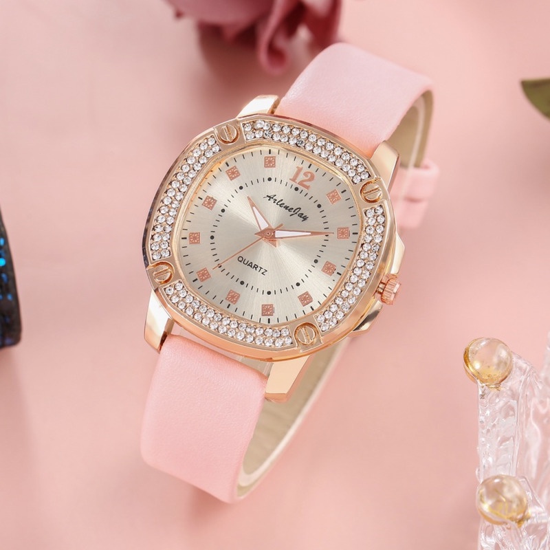 Đồng hồ quartz mặt vuông đính đá với dây đeo hợp thời trang