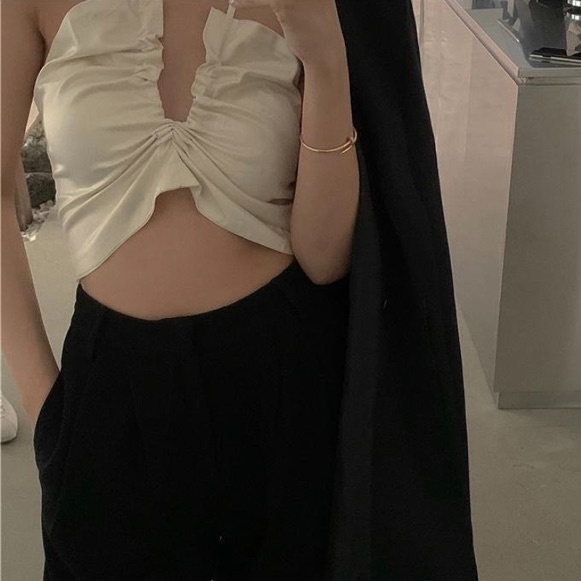 Áo Satin Rút Dây Kem Đen Frếize, Áo Ống Croptop Sexy Hở Ngực Ulzzang