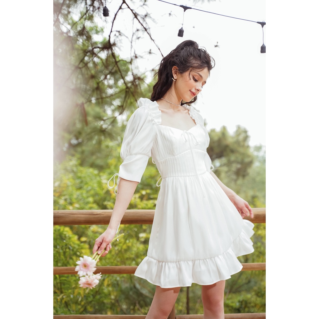 Váy liền nữ Méo shop tay bèo nhún cổ vuông cúp ngực tay lỡ Lindy