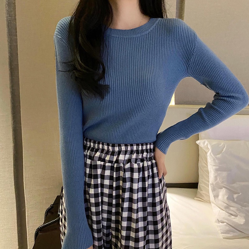 Áo sweater IELGY dài tay cổ tròn dáng ôm vừa vặn thời trang châu Âu dành cho nữ