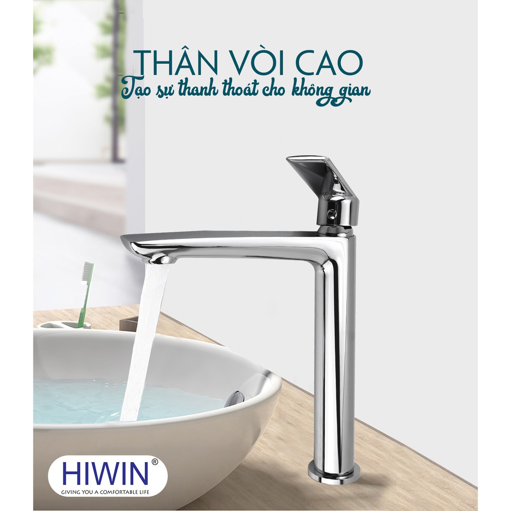 Vòi lavabo rửa mặt nóng lạnh thân cao bằng đồng mạ crom mặt gương Hiwin KF-765