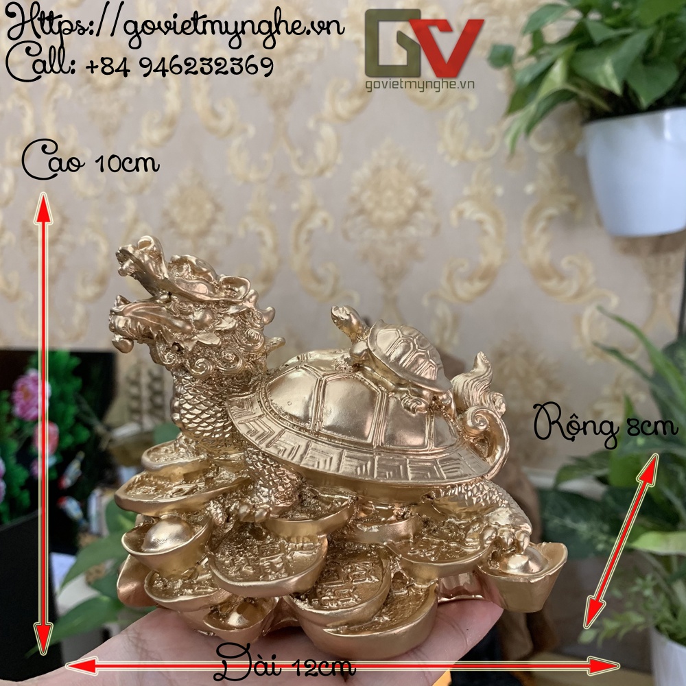 Tượng đá long quy - Rùa đầu rồng trang trí phong thủy - Cao 10cm - Màu nhũ đồng