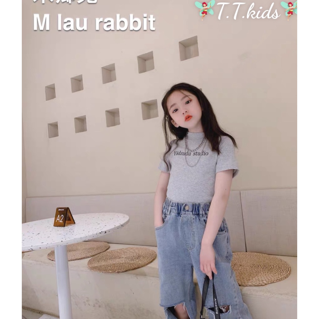 Set Quần Jean Suông Áo Thun Dài Tay Cho Bé Gái 25-35kg - Set Quần Bò Áo Cotton Co Dãn Mềm-Cá Tính - N&D Kids