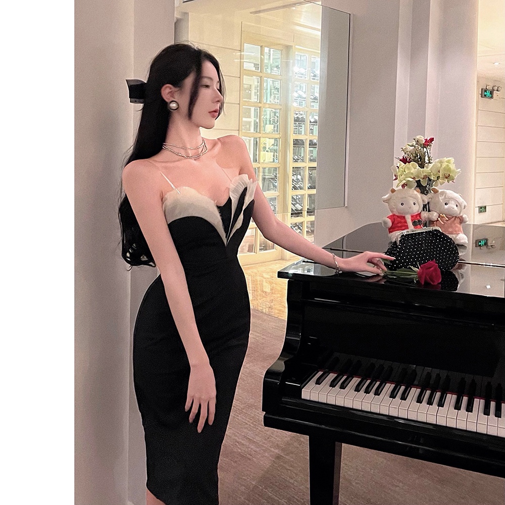 Đầm Dự Tiệc Màu Đen Cổ Chữ V Dáng Ôm Phong Cách Thời Trang Pháp Dành Cho Nữ