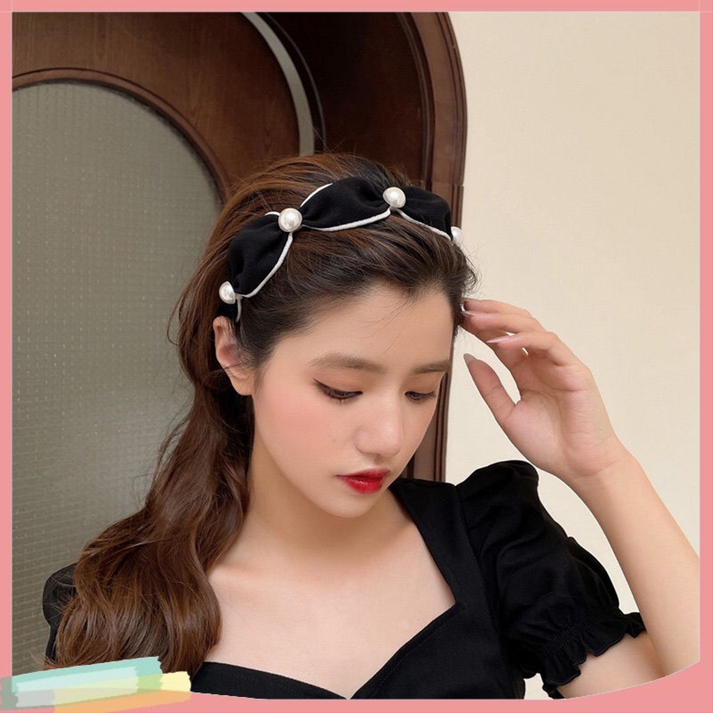Băng Đô Cài Tóc Bản Rộng Bằng Vải Viền Rộng Đính Ngọc Trai Giả Chống Rơi Phong Cách Hàn Quốc Cho Nữ