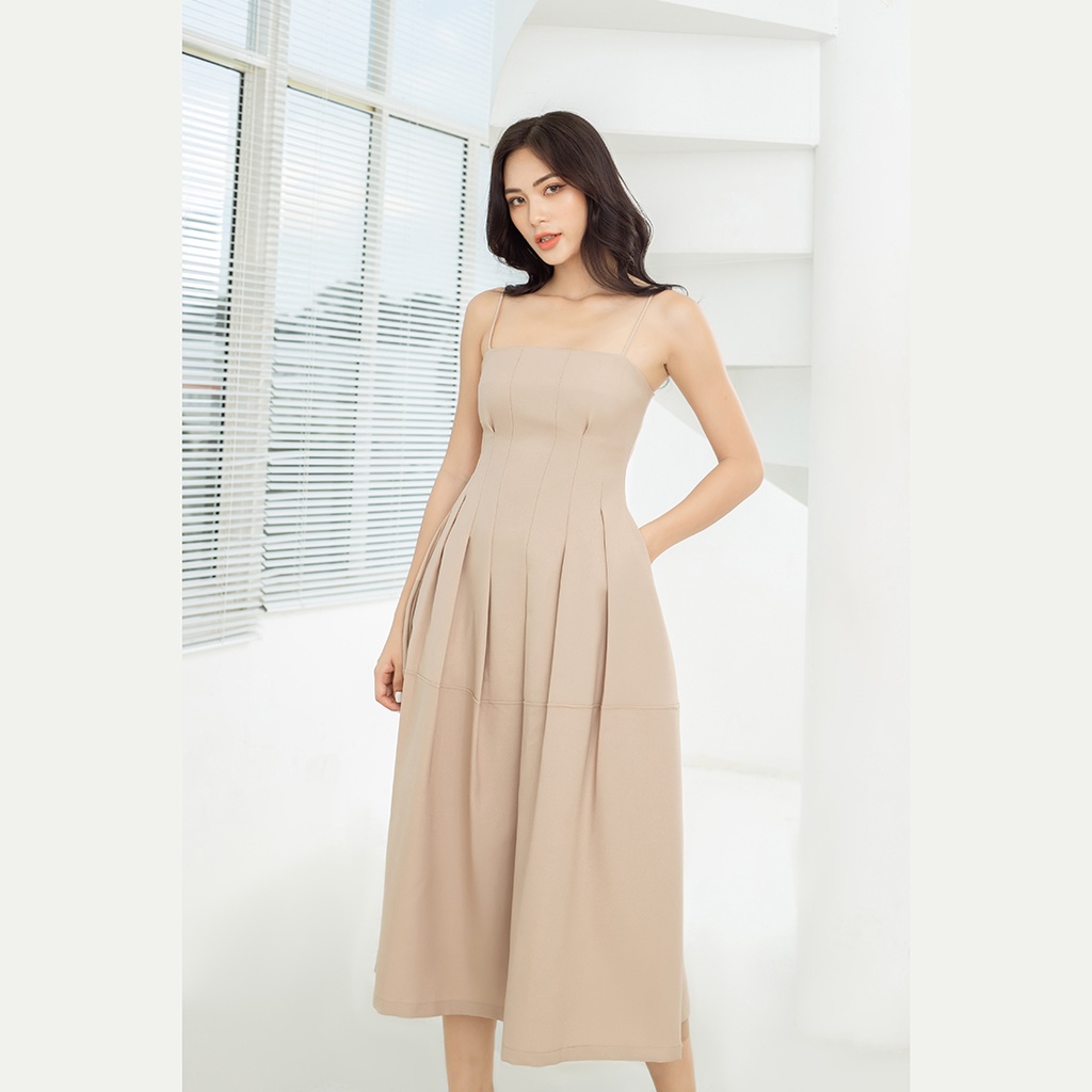 Đầm xòe hai dây xếp li eo 2 lớp thiết kế thời trang Eden dáng dài dây kéo sau lưng có lót túi  - D469