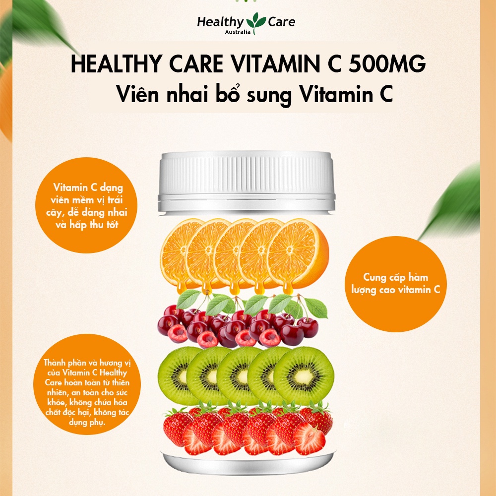 Viên nhai Vitamin C Healthy Care giúp tăng cường đề kháng, hỗ trợ sức khỏe và làm đẹp da 500 viên