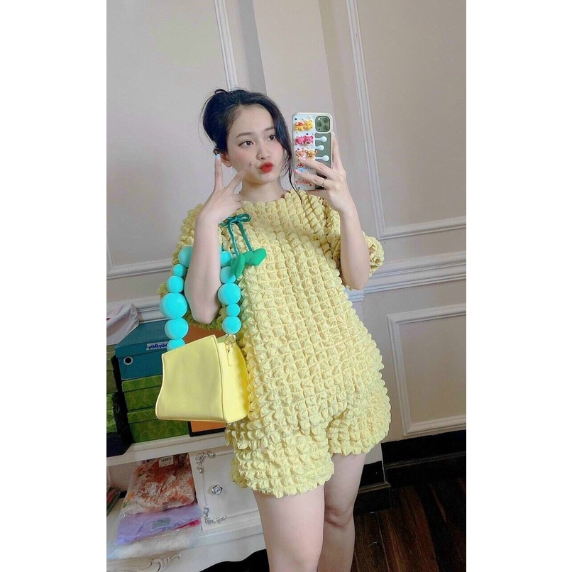 sét bộ xốp QC đùi phối áo có nơ cổ tròn ngắn tay hott