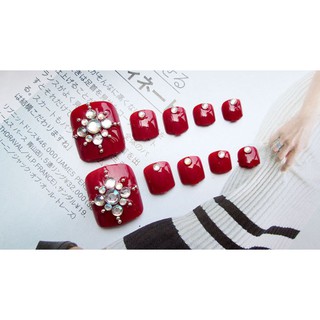 Bộ 24 Móng Chân Giả Đỏ Đính Đá