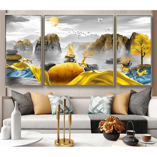 Bộ 3 tranh treo tường nai và cây vàng may mắn tranh phong thủy chất liệu bóng kiếng hoặc vải canvas HD5135